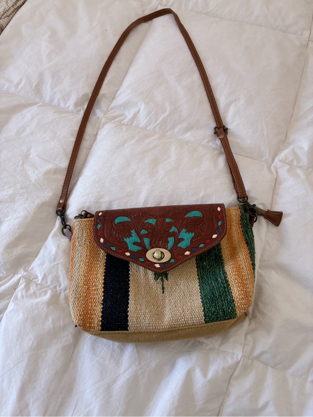 Myra Bag Brown Leather & Turquoise Accented Woven Crossbody